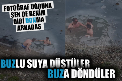 Bursa'da buz tutan gölette fotoğraf çektiler buz kırılınca suya düştüler