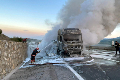 Sakarya'da seyir halindeyken alev alan tır yandı